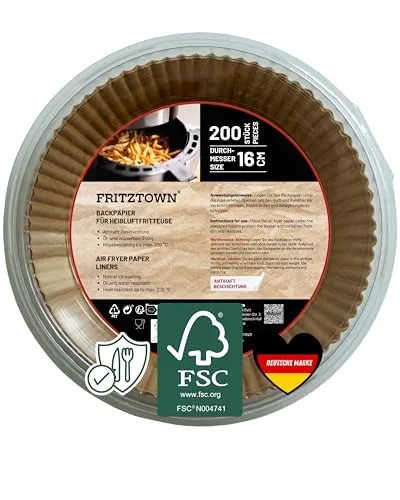 FRITZTOWN Backpapier für Heißluftfritteuse 1,2L-4,5L | 200 Blatt 16 cm Rund | Air Fryer Backpapier Pergamentpapier | Kompatibel mit Ninja COSORI Philips Cecotec Midea Russell XL XXL Airfryer