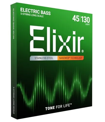 Elixir® Saiten Stainless-Steel 5-str. E-Basssaiten - Gitarren- & Bass-Zubehör mit NANOWEB® Beschichtung für brillanten Klang, verbesserten Grip und langlebigen Ton, ideal für anspruchsvolle Bassisten.