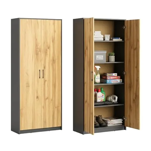 Aktenschrank mit 5 Fächern - Moderner Mehrzweckschrank - Bücherregal mit 4 Einlegeböden und 2 Türen, bietet geräumigen Stauraum und ist aus langlebiger Laminatplatte mit elegantem mattem Finish.