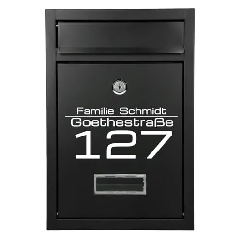 Verda Briefkasten mit Namensschild und großem Briefschlitz, Postkasten 32 x 21 x 8 cm, Designer Wandbriefkasten, 2X Schlüssel, Schwarz (SN3664-2)