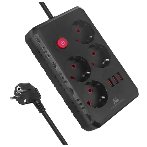 Steckdosenleiste 4 Steckdosen Verlängerungskabel 2500W 3xUSB Schwarz 3m 240V