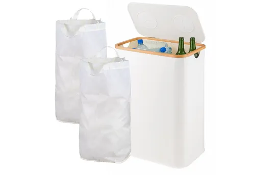 relaxdays Flaschensammler Pfandflaschen-Sammelbehälter 2 Fächer - Praktischer Flaschen-Sammelbehälter für Glas- und Plastikflaschen mit 2 Fächern. Entnehmbare Innensäcke aus robustem Oxford-Material für einfaches Entleeren und modernes Design mit Bambusakzenten.