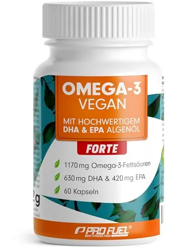 Omega-3 vegan FORTE - 60 Kapseln - Omega 3-6-9 Öl mit 2000 mg hochdosiertem Algenöl pro Tag, reich an DHA und EPA, unterstützt Herz- und Gehirnfunktion, laborgeprüft, made in Germany.