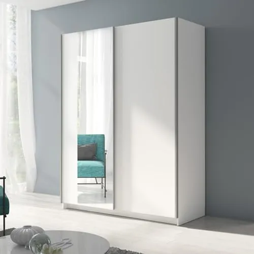 Home Collective Schwebetürenschrank Kleiderschrank Schrank mit Spiegel und Schiebetüren | viel Stauraum mit 4 Einlegeböden & Kleiderstange | modern Schlafzimmer Möbel | weiß mit Spiegel | 150x198 cm