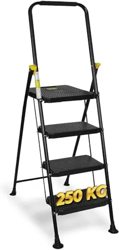 Trittleiter mit 4 Stufen, klappbar, zertifiziert nach EN14183 – Tragkraft 150 kg – rutschfest, platzsparend, professionell – weiß oder schwarz – für Haus, Büro, Lager (schwarz, 4)