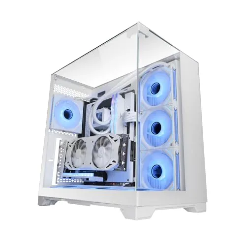 Mars Gaming MC-Vision, Gaming-Gehäuse ATX, Dreifaches Rahmenloses Gehärtetes Glas, Doppelkammer-Design, Kompatibel mit Mainboards Umgekehrtem Anschluss, Voller Support für Flüssigkeitskühlung, Weiß