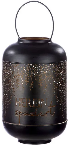 GILDE Laterne XL - Windlicht mit Schriftzug Herein spaziert - Laterne für gemütliche Abende, mit goldener Innenseite und Henkel für einfachen Transport. Ideal zur Dekoration im Wohnbereich oder als Geschenk für besondere Anlässe.