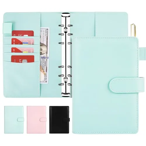 Onlyesh Ringbuch A6, Budget Planner, 6 Löcher PU Leder Budget Binder mit Einzigartiger Schnappschnalle, für A6 Budgetblätter, Binder Taschen und Bargeld, Blau