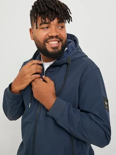 Jack & Jones Basic Hooded Softshell Jacke Herren 4XL - Marine - Wasserabweisende Softshelljacke für Herren in Übergröße, ideal für den Übergang. Mit Kapuze, zwei Taschen und elastischen Rippbündchen für optimalen Komfort.
