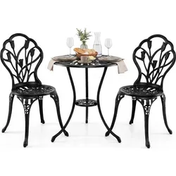 COSTWAY 3-teiliges Gartenmöbel Set – Elegantes Bistroset mit Tisch und 2 Stühlen aus Gusseisen-Aluminium
