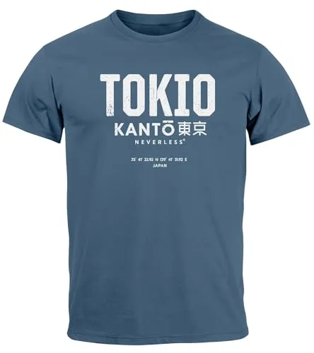 Neverless® Herren T-Shirt Frontprint Tokyo Japan Japanische Schriftzeichen Grafik Printshirt Fashion Streetstyle Denim-Blue XXL