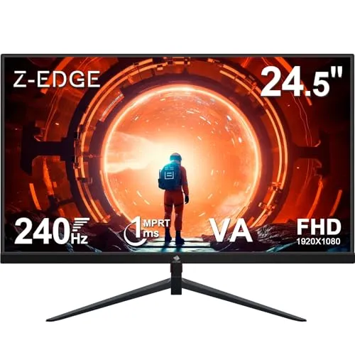 Z-Edge 240Hz 25 Zoll (24,5 Zoll) Gaming Monitor 1ms MPRT 1080P Full HD 16:9 VA Panel, 350cd/m² Helligkeit, FreeSync, HDMI2.0 & DisplayPort1.4, VESA Kompatibel, Schwarz