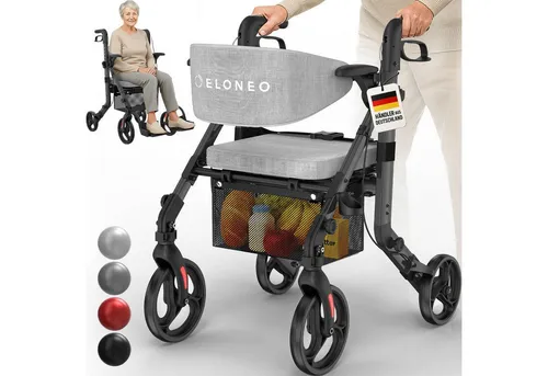 ELONEO Rollator 2in1 Rollator & Rollstuhl, Faltbar und Leicht, Outdoor-Gummireifen, mit Stiz & Netztasche