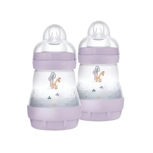 MAM Easy Start Babyflasche, 160 ml (2er-Set), Set mit 2 Anti-Kolik-Flaschen für gemischtes Stillen, reduziert Luftblasen und Koliken, Babyzubehör mit Sauger Größe 1, Lila