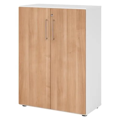 bümö Aktenschrank abschließbar - Moderner Büroschrank in Weiß/Nussbaum - Aktenschrank aus hochwertiger Spanplatte, mit Schloss und werkzeuglosem Aufbau. Ideal für Büro & Arbeitszimmer, bietet sicheren Stauraum und ist bis zu 10x schneller montiert.