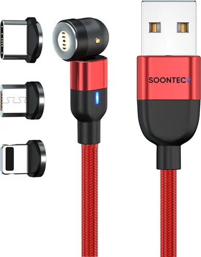Magnet Ladekabel 0,5 Meter SOONTEC Magnetladekabel Datenkabel drehbar 360°&180° mit 3 Stecker Micro USB/ USB-C/ Lightning 3,0 A Ladekabel magnetisch (Rot)