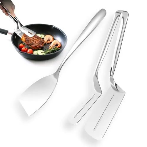 Fischbratwender, Kochwender, Grillsalatzange, Multifunktionale Steakzange (mit Fischzange), Speiselöffel, Verbrühschutz, 2-teiliges Set