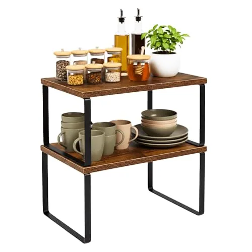 WS HOME Gewürzregal, 2er Set Küchen-Organizer – Stapelbar & Erweiterbar – Dunkles Holz & Schwarzes Metall – Modernes Küchenregal mit Premium-Design, ideal für Arbeitsplatte & Küchenschrank