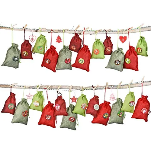 KOHMUI Adventskalender zum Befüllen, 24 Stoffsäckchen Kette Set zum Selbstbefüllen Aufhängen, Jutesäckchen Stoffbeutel Beutel Säckchen, Boden mit 1-24 Zahlen für DIY Deco Weihnachtskalender