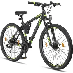 Licorne Bike Mountainbike Effect Premium - 26, 27,5, und 29 Zoll - Premium Mountainbike in Schwarz/Lime mit 2xDisc-Bremse, ideal für Offroad-Abenteuer und sicheres Fahren bei verschiedenen Bedingungen.