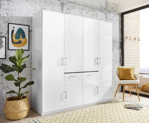 Kleiderschrank PRIESS, weiß Hochglanz 185cm - Kleiderschränke mit 4 Einlegeböden und 2 Kleiderstangen, wahlweise mit stimmungsvoller Kranzbeleuchtung, Made in Germany, ideal für stilvolle Wohnräume.