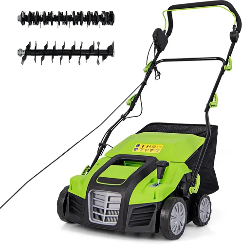 GOPLUS 2in1 Vertikutierer Rasenlüfter elektrisch, 2000 W Rasenvertikutierer 5 Tiefenstufen 3 Griffhöhen, abnehmbarer 55 L Auffangbehälter, Schubmäher