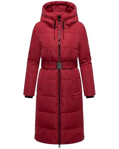 Navahoo Damen Langer Wintermantel warmer Steppmantel mit Kapuze und Taillengürtel Herbstnebel 14 Dark Red Gr. M