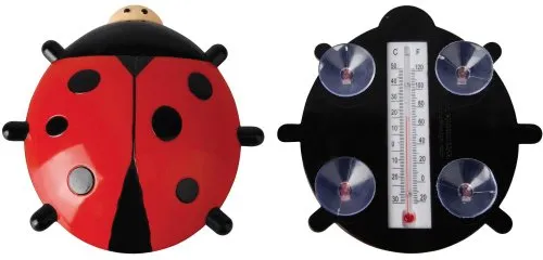 Esschert Design Fensterthermometer, Temperaturmesser Motiv Marienkäfer mit Saugnapf, von Innen ablesbar, ca. 17 cm x 17 cm