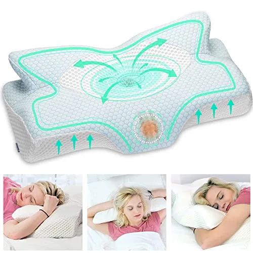 Elviros Orthopädisches Kissen aus Memory Foam, Seitenschläferkissen Nackenstützkissen Kopfkissen Nackenschmerzen Ergonomisches Schlafkissen für Nacken-und Schulterschmerzen 64 x 12,5/10,5 x 38cm, Blau