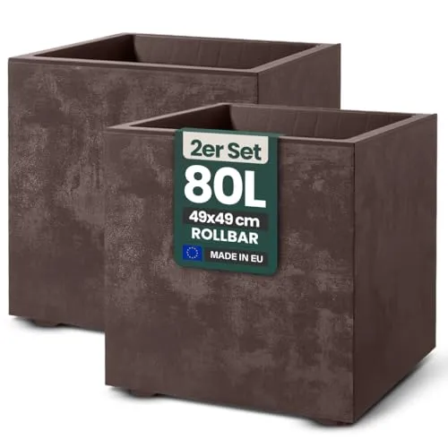Kreher® 2er Set Pflanzkübel „Millennium“ 49x49x49 cm - Braun - Rollbar und Wetterfest - Elegante Pflanzkübel für Garten und Terrasse. Mit 80 Litern Volumen, integriertem Wasserspeicher und rollbarem Design bieten sie optimale Flexibilität und Pflegeleichtigkeit. UV-beständig und frostsicher für langlebige Nutzung.
