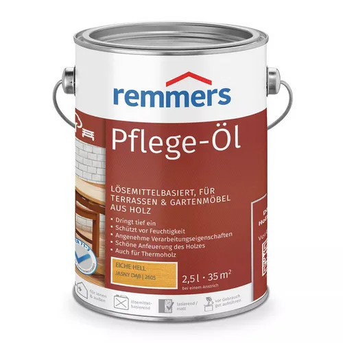 Remmers Pflege-Öl Eiche Hell 2,5 L - Hochwertiges, lösemittelbasiertes Öl für die Pflege von Terrassen und Gartenmöbeln. Schützt effektiv und verleiht einen natürlichen Glanz.