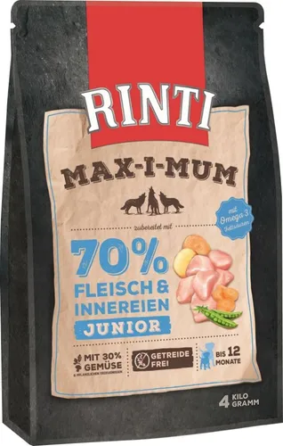 Rinti MAX-I-MUM Junior Huhn 4 kg - Hochwertiges Hundefutter für Junghunde, reich an Huhn und ideal für eine gesunde Entwicklung.