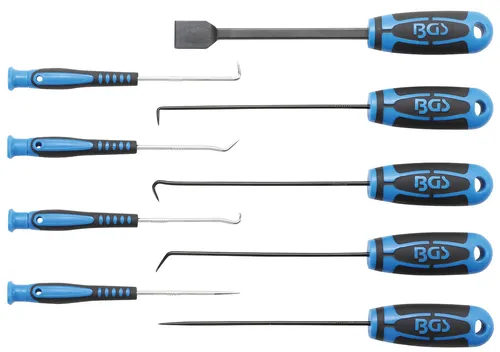 BGS 8487 | 9-tlg. Nadel-, Haken- und Schaber-Satz - Schaber und Haken aus robustem Chrom-Vanadium-Stahl mit ergonomischen 2-Komponenten-Kunststoffgriffen für präzises Arbeiten. Ideal für vielseitige Anwendungen in Werkstatt und Haushalt.