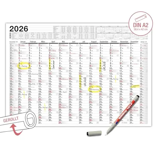 TOBJA Abwischbarer Wandkalender 2026 A2 inkl. Markenstift | Kalender 2026 A2, gerollt versendet, 14 Monate | Jahreskalender mit Ferien 2026 | 250g/m² Papier