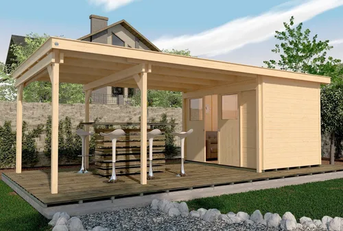 Weka Holz-Gartenhaus Loungehaus 225 Flachdach Unbehandelt 647 cm x 336 cm - Geräumiges Holz-Gartenhaus mit 19,34 m², ideal als Geräteschuppen oder Freizeithaus. Modernes Design, einfache Montage dank Steck-System und überdachte Außenfläche für zusätzlichen Stauraum oder als Lounge.