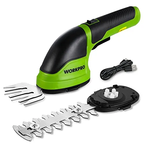 WORKPRO 3,6V Gartenschere - 2-in-1 Grasschere und Strauchschere - Heckenscheren mit 2 Messern für vielseitige Anwendungen, leistungsstark und leicht, ideal für präzises Schneiden von Gras und Sträuchern.