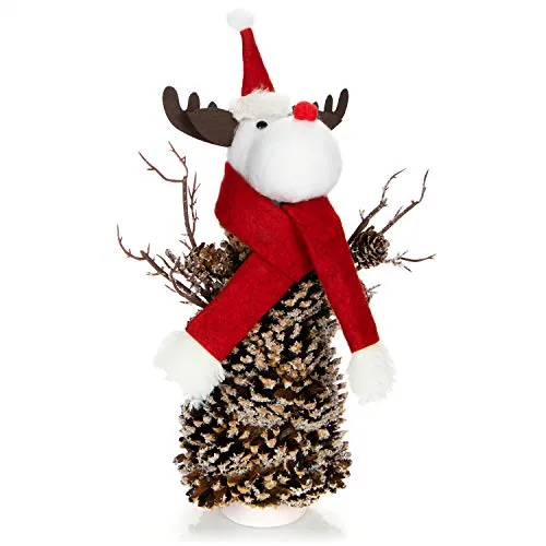 COM-FOUR® Rentierfigur Rudolf Größe L, winterliche Elch-Figur mit Tannenzapfenkörper, weihnachtliche Dekoration, hinreißende Tischdeko zur Adventszeit (Rentier L weiß rot)