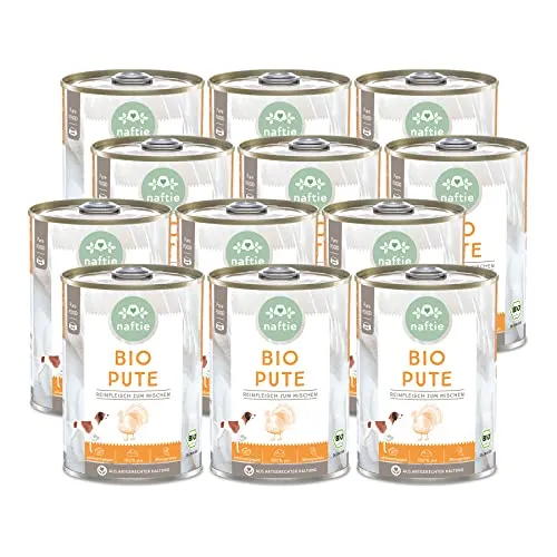 naftie Bio Hundefutter 100% Bio-Pute - Reinfleischdosen Pute pur - Nassfutter für Hunde zum Mischen - glutenfrei, getreidefrei - Sparpaket 12x 400g
