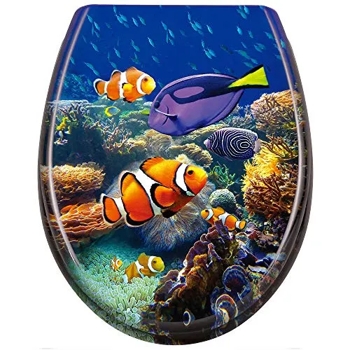 Aufun Toilettendeckel Absenkautomatik WC Sitz Klobrille mit Softclose Toilettensitz aus Hartplastik Klodeckel aus Duroplast Universal Größe (Unterwasserfische)