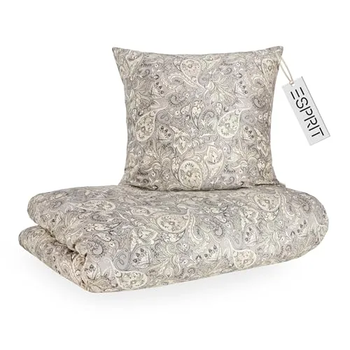 Esprit Satin Bettwäsche 155x220 Baumwolle grau - Boho Paisley Bettbezug + Kopfkissenbezug 80x80cm - Luxus Bettwäsche Set 2 teilig in Hotelqualität mit Reißverschluss - Duvet Cover Herbst Öko-Tex
