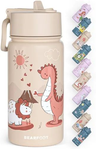 BEARFOOT Thermo Trinkflasche für Kinder - Dinos braun, Edelstahl, auslaufsicher - Praktische 400 ml Thermosflasche aus Edelstahl für Kinder. Mit auslaufsicherem Design und niedlichem Dinos-Print, ideal für den täglichen Gebrauch.