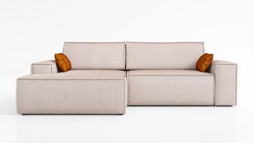 Ecksofa TOR mit Schlaffunktion in Flamingo-Rosa - Das Ecksofa TOR vereint minimalistisches Design mit Funktionalität. Aus strapazierfähigem Cord gefertigt, bietet es eine praktische Schlaffunktion und zusätzlichen Stauraum. Ideal für moderne Wohnräume.