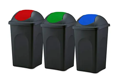 BigDean 3er Set Mülleimer 60L mit Schwingdeckel - Schwarz mit Rot, Grün & Blau - Praktisches 3er Set Mülleimer mit 60L Fassungsvermögen für Haushalt, Küche & Büro. Der Schwingdeckel ermöglicht eine einfache Müllentsorgung. Pflegeleichte Oberfläche und Made in Italy garantieren Qualität.