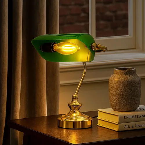 Bewegliche Bankerleuchte Messing & Grün, Vintage Tischleuchte - Tischleuchte im Vintage-Stil mit edlem Messing und grünem Acrylschirm, energiesparende 6W LED, ideal für stimmungsvolle Beleuchtung in jedem Raum.