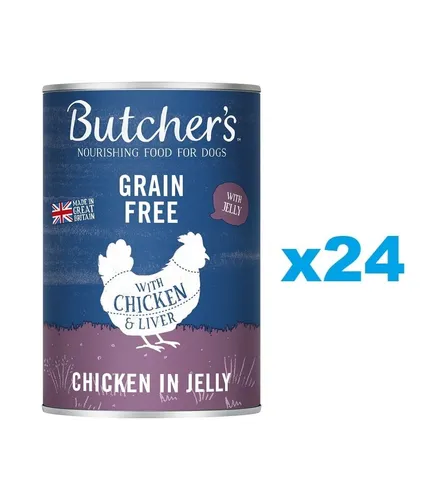 BUTCHER'S Nassfutter in Gelee mit  Huhn für Hunde getreidefrei 24x400g