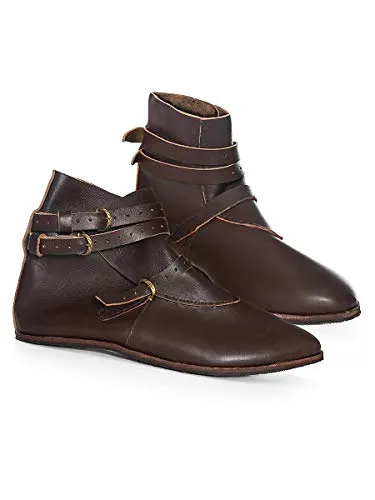 Andracor – Braune Mittelalter Halbstiefel aus Leder mit 3 Schnallen – individuell einsetzbar für LARP Fantasy Cosplay & Freizeit – Größe 41
