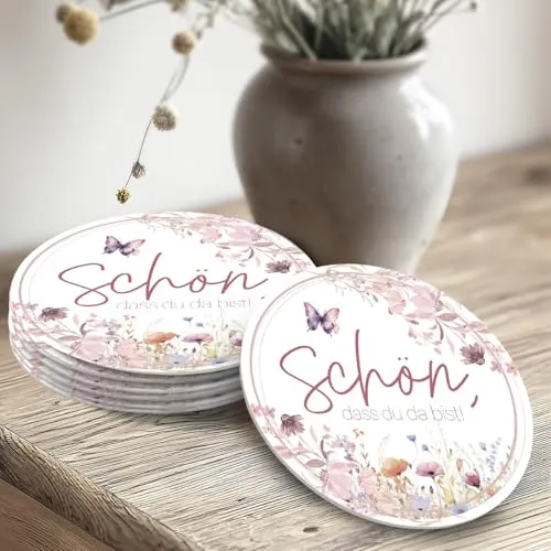50x Bierdeckel rund 'Schön, DASS du da bist' floral – Hochzeit Tischdeko & Gastgeschenk – Untersetzer Blumenwiese für Feste, Polterabend, Events – Vintage Design – Funke & Brand