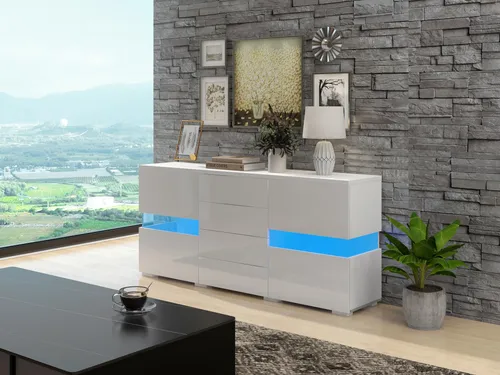 Sideboard Hochglanz Weiß Kommode mit LED-Beleuchtung 2 Türen 4 Schubladen Breite 140cm Schrank, Esszimmer Anrichte Küchen