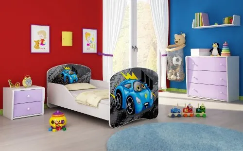 Kinderbett Jugendbett Komplett mit einer Schublade und Matratze Lattenrost Weiß ACMA I (160x80 cm, 05 Blaue Auto