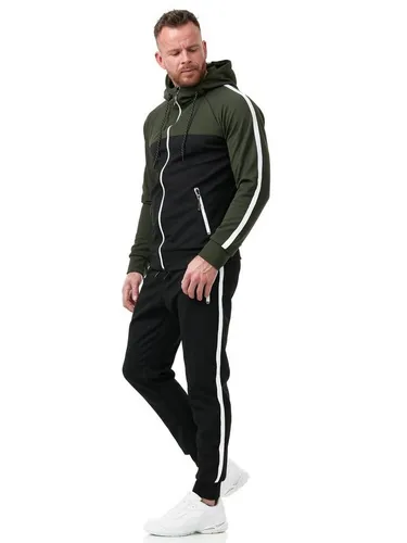 L.gonline Freizeitanzug Herren Jogginganzug Freizeitanzug Sportlich 3750 (Kapuzenjacke mit Reißverschluss, Hose, 2-tlg), mit Streifen